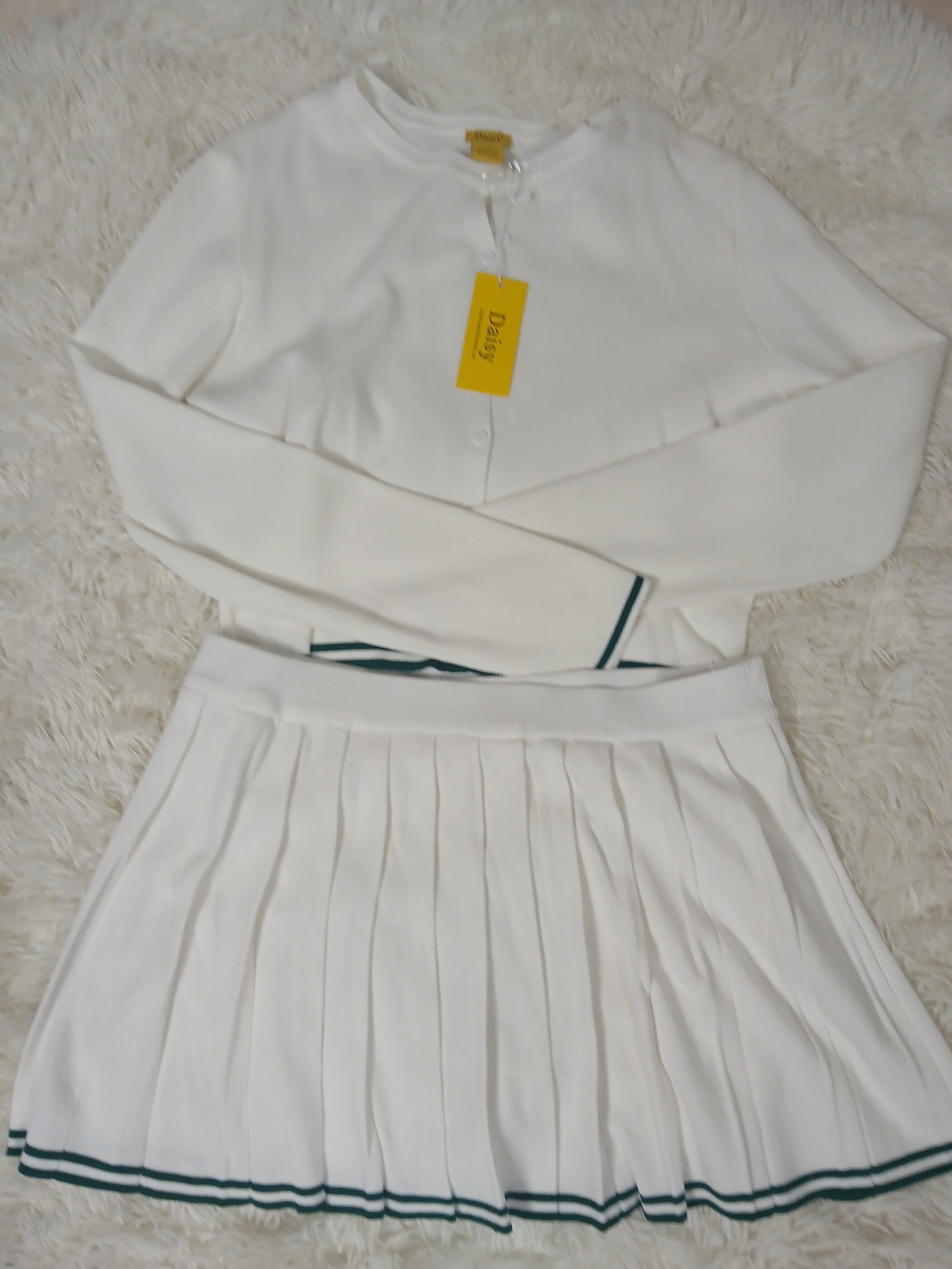 Daisy White Pleated Mini Skirt with Dark Green Stripe - Daisy